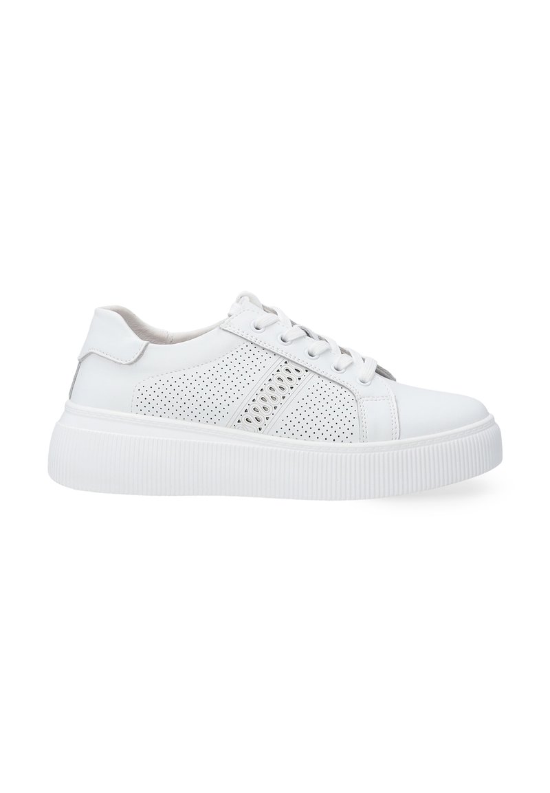 Weiße Leder-Sneaker mit durchbrochener Detailgestaltung und einer strukturierten weißen Gummisohle. Verfügt über eine Schnürverschluss und eine glatte Zunge für mehr Komfort.