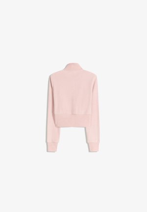 Roza skrajšani pulover z visokim ovratnikom. Ima dolge rokave in rebraste manšete. Narejen je iz mehkega pletenega materiala z gladko teksturo.