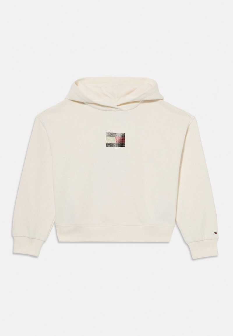 Kreemi huppari, joka on valmistettu pehmeästä kankaasta, ja siinä on musta ja värikäs neliölogo rintosssa, sekä resorit hihansuissa ja helman kohdalla.