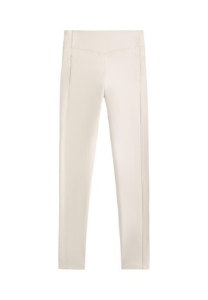 Pantaloni elasticizzati beige con una vestibilità slim, dotati di tasche laterali con zip e linee cucite lungo le cuciture per un tocco di dettaglio.