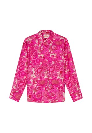 Overhemd met lange mouwen en knopen, met een levendig roze bloemenpatroon op een lichte achtergrond, voorzien van een klassieke kraag en een merklabel aan de binnenkant.