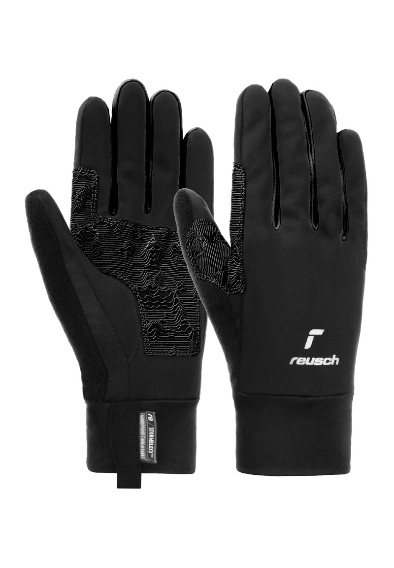 Zwarte thermohandschoenen met een gestructureerde grip op de handpalmen, gladde stof, versterkte duim en logo-detail. Verstelbare pols voor een goede pasvorm.