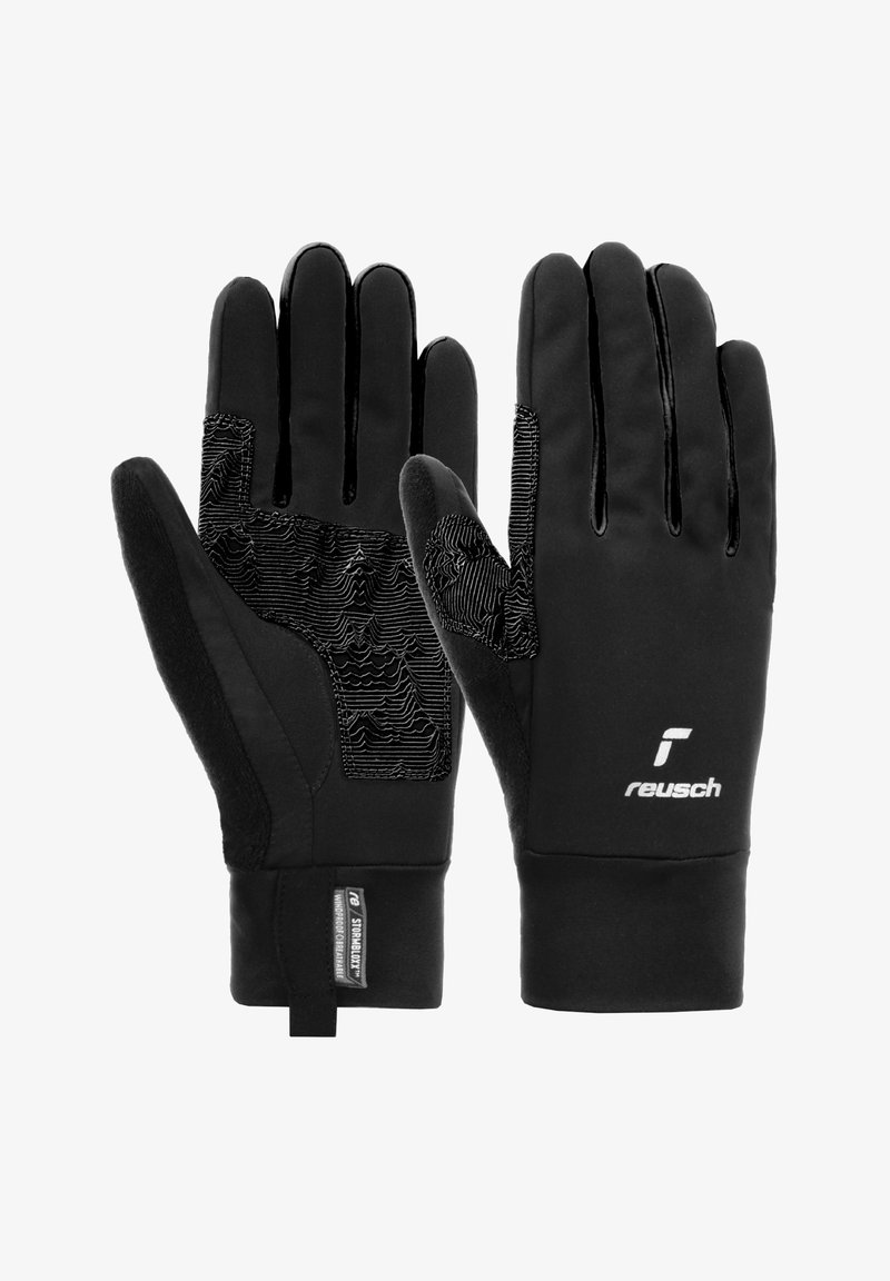 Zwarte thermohandschoenen met een gestructureerde grip op de handpalmen, gladde stof, versterkte duim en logo-detail. Verstelbare pols voor een goede pasvorm.