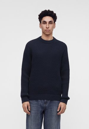 Jonge man met kort krullend haar, gekleed in een donkere gestructureerde trui en blauwe jeans, staand tegen een effen lichte achtergrond.