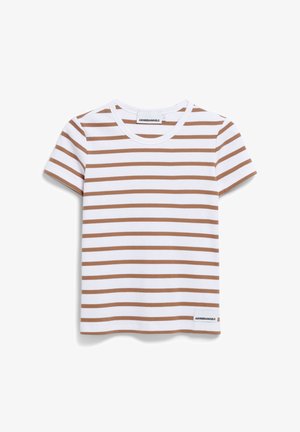 Gestreiftes T-Shirt mit weißen und braunen horizontalen Streifen, kurzen Ärmeln und Rundhalsausschnitt. Markenlabel an der unteren Seite.