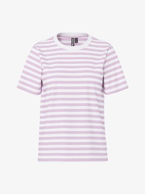Striped short-sleeve t-shirt in light purple and white. Soft fabric with a round neckline and a relaxed fit. Horizontal stripes design.