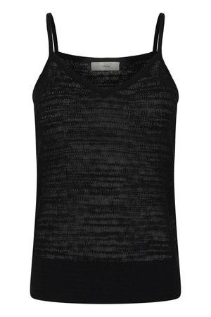 Camiseta de tirantes negra para mujer, sin mangas, con tirantes finos, cuello en V y un sutil patrón de tejido texturizado.