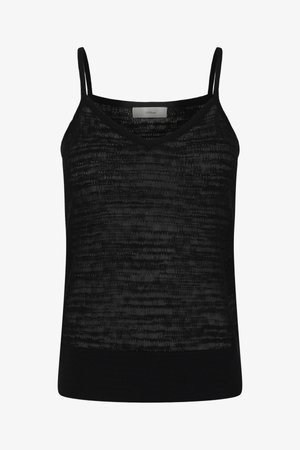 Camiseta de tirantes negra para mujer, sin mangas, con tirantes finos, cuello en V y un sutil patrón de tejido texturizado.