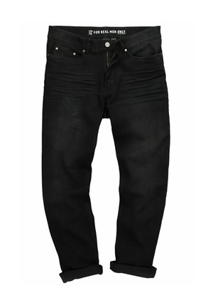 Schwarze Jeans aus Denim mit klassischer Passform. Mit Reißverschluss, fünf Taschen und umgeschlagenen Säumen. Auffällige weiche Textur und dezente Verblassung.