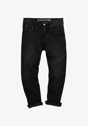 Jeans in denim nero con una vestibilità classica. Caratterizzati da una chiusura con zip, cinque tasche e orli risvoltati. Texture morbida e leggera sfumatura evidente.