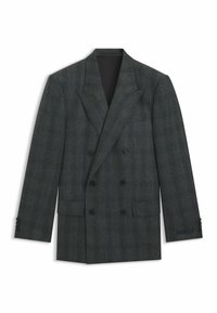 Blazer doppiopetto in lana grigia scura con un delicato motivo a quadri. Presenta rever a punta, due tasche frontali e polsini abbottonati.