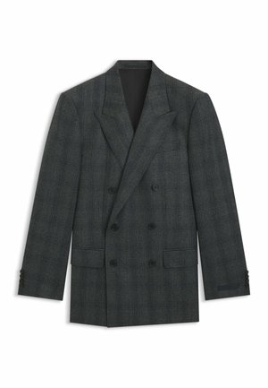 Dubbelgeknoopt blazer in donkergrijze wol met een subtiel ruitpatroon. Voorzien van spitse revers, twee voorzakken en knoopmanchetten.