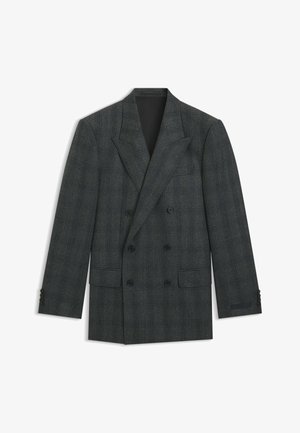 Blazer doppiopetto in lana grigia scura con un delicato motivo a quadri. Presenta rever a punta, due tasche frontali e polsini abbottonati.