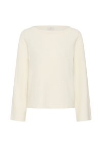 Haut à manches longues de couleur crème avec un col rond. Confectionné en tissu doux et texturé, il présente une coupe décontractée et une couleur unie sans motifs.