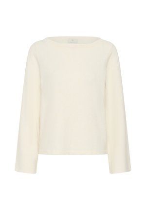 Cream-colored long-sleeve top with a round neckline. Made of soft textured fabric, it features a relaxed fit and solid color without patterns.