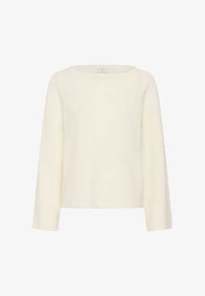 Cream-colored long-sleeve top with a round neckline. Made of soft textured fabric, it features a relaxed fit and solid color without patterns.