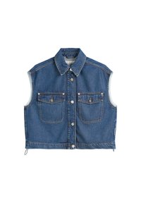 Denim mouwloze vest, donkerblauw met knoopsluiting, twee voorzakken en contrasterende stiksels. Beschikt over een gestructureerde kraag en zij-biezen.