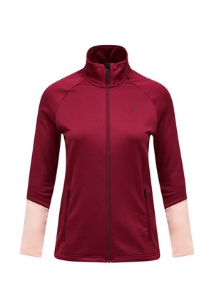 Giacca con zip rossa e rosa, colletto alto, maniche corte, due tasche laterali e una consistenza liscia e elastica.