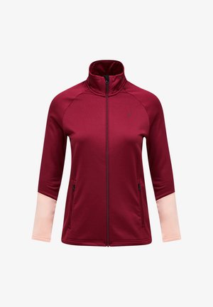 Giacca con zip rossa e rosa, colletto alto, maniche corte, due tasche laterali e una consistenza liscia e elastica.