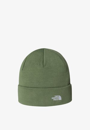 Olivgrüner Strickbeanie mit umgeschlagenem Bündchen, das auf der Vorderseite das kleine, weiße gestickte Logo von The North Face trägt.