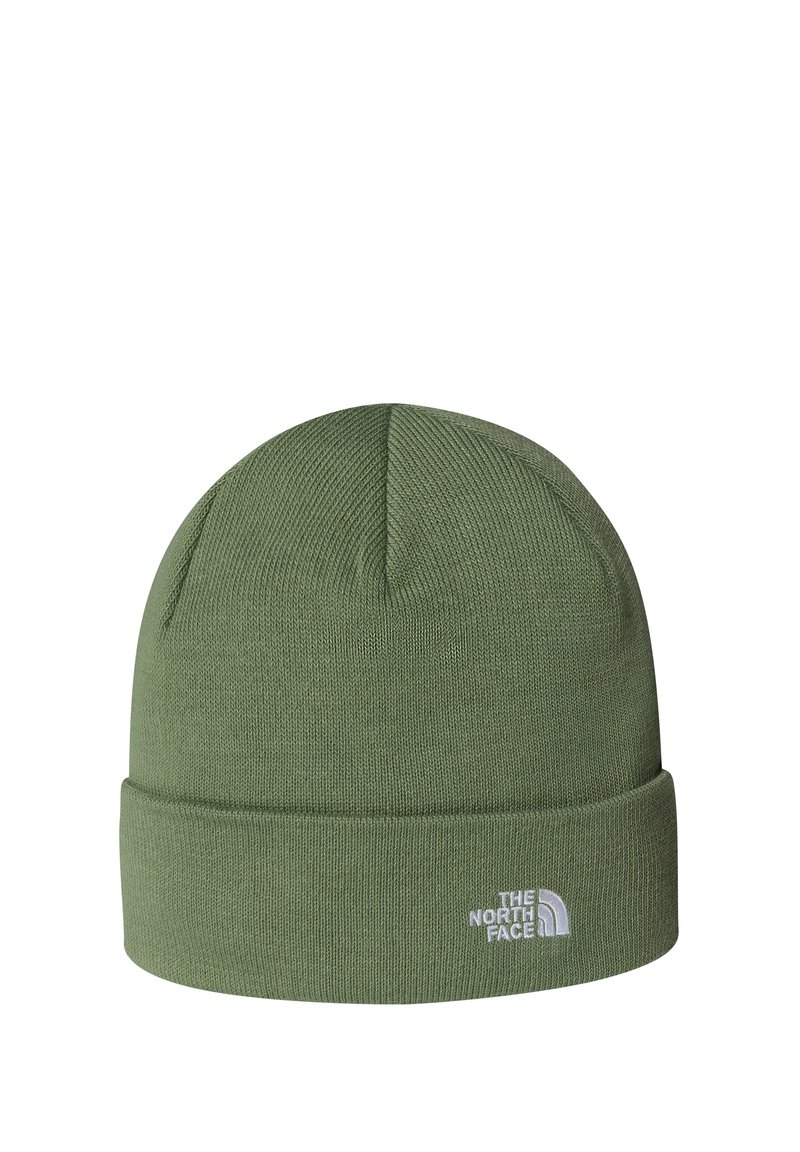 Olivgrön stickad mössa med uppvikt kant som har en liten vit broderad The North Face-logotyp på framsidan.