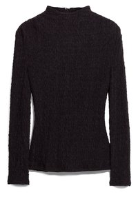 Maglia nera a maniche lunghe realizzata in un tessuto testurizzato con un motivo ondulato. Collo alto e design aderente con una zip discreta sulla schiena.