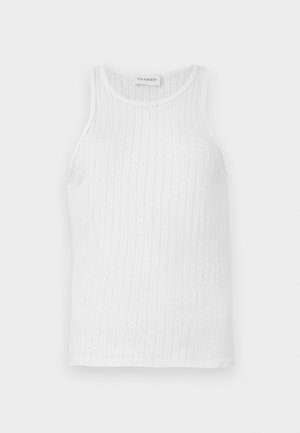 White tank top made of lightweight fabric, featuring a ribbed texture and round neckline. Simple design with no visible patterns or accents.