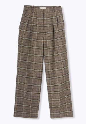 Pantalons écossais marron en tissu texturé, dotés d'une taille haute, de plis à l'avant et d'une coupe large, avec de fines rayures contrastées.