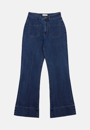 Donkerblauwe wide leg denim jeans met voorzakken, riemlussen, knoopsluiting en zichtbare verticale naden.