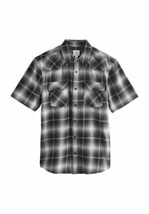 Korte mouw geruite shirt in zwart, grijs en wit. Heeft twee voorkruisen, een knoopsluiting en een klassieke kraag. Zachte stoftextuur.