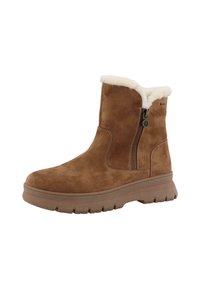 Brune ruskindsankelstøvle med faux fur-foring og lynlås i siden, der har en tyk gummisål med mønstre for bedre greb.