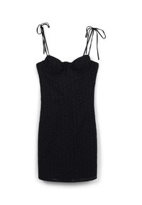 Schwarzes ärmelloses Mini-Kleid mit gebundenen Schulterträgern und strukturiertem gepunktetem Muster, figurbetontem Oberteil und geradem Saum.