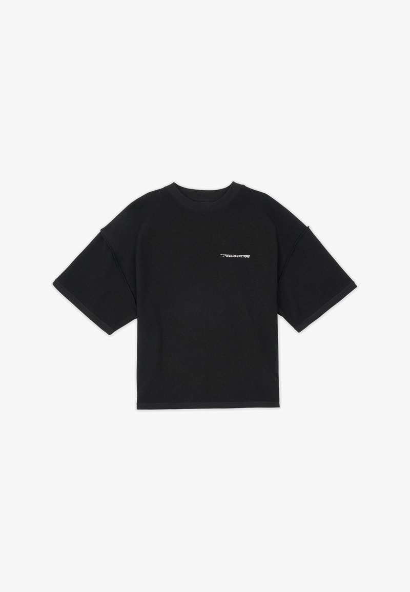 T-shirt nera oversize in cotone, con collo a girocollo a costine, maniche corte e un piccolo dettaglio logo bianco sul davanti.