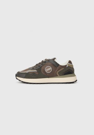 Sneakers with a brown and olive mesh upper, rubber sole, round logo on the side, and lace-up design. Features textured accents and a cushioned heel.