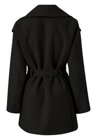 Zwarte op maat gemaakte blazer met een brede kraag, lange mouwen en een ceintuur in de taille. Heeft een zachte textuur en een knielange snit.