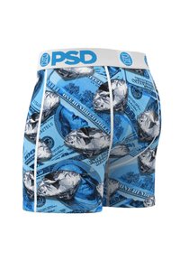 Siniset bokserit, joissa on rohkea kuvio dollarinseteistä ja timanteista. Pehmeästä kankaasta valmistetut, valkoisella vyötärönauhalla, jossa on PSD-logo.