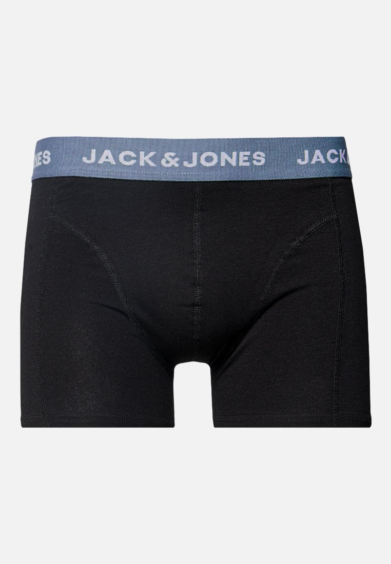 Schwarze Herren-Boxershorts mit grauem Bund und weißem "JACK & JONES"-Logo, auf einem schlichten hellen Hintergrund präsentiert.