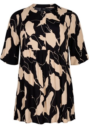 Black and beige abstract patterned short-sleeve blouse with round neckline and three-button placket.