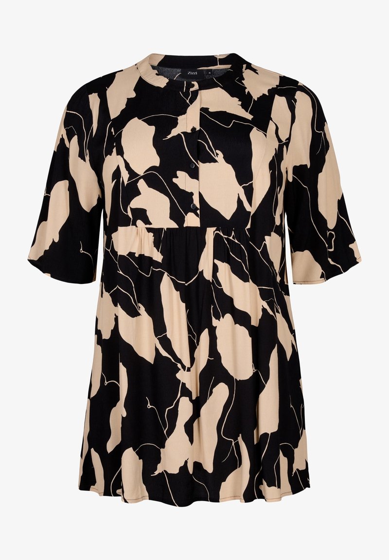Blouse à manches courtes à motif abstrait noir et beige, col rond et patte de boutonnage trois boutons.