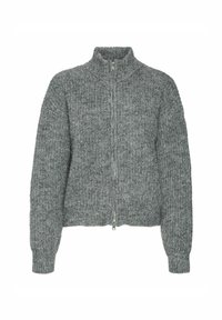 Grå strikket zip-up genser med høy krage, ribbet tekstur, lange ermer og to frontlommer.