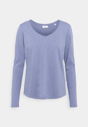 Chemise bleu clair à manches longues avec col en V, tissu légèrement texturé et petite étiquette sur la couture latérale inférieure.
