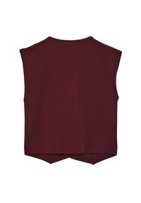 Burgunderfarbener ärmelloser Stricktop mit rundem Ausschnitt, das ein sauberes, schlichtes Design aufweist und einen geschlitzten Saum auf der Rückseite für zusätzliche Details bietet.