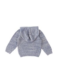 Sudadera de punto azul, con una textura suave, puños y dobladillo acanalados. La capucha está unida y presenta un patrón de hilo mezclado en toda la prenda.