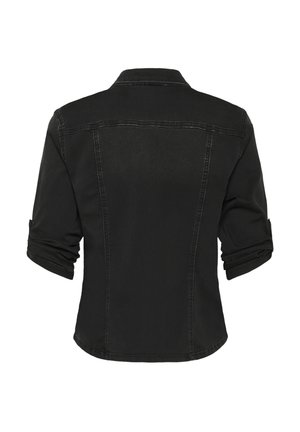 Veste en denim noir avec collier évasé, manches retroussées et coutures visibles. Le dos a un design ajusté avec un ourlet cintré.