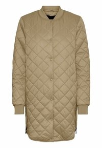 Veste longue beige matelassée avec un col rond, une fermeture à boutons-pression, des poignets côtelés et des poches latérales zippées. Matière synthétique lisse.