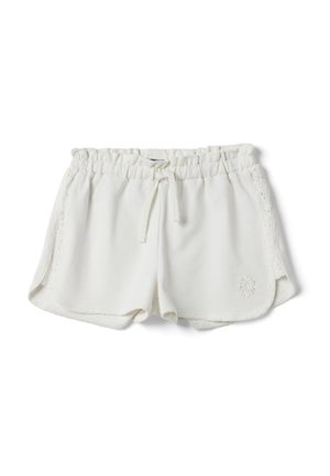 Short blanc à taille élastique avec panneaux en dentelle latéraux, lien à cordon, ourlets arrondis et petite broderie florale sur la jambe gauche.