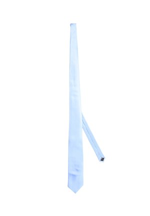 Cravatta in seta azzurro chiaro con una texture liscia, design stretto e punta appuntita, caratterizzata da un colore semplice e uniforme, priva di motivi o dettagli.