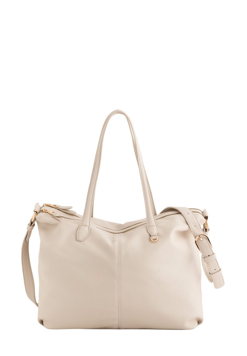 Beige læder tote taske med dobbelte håndtag, en aftagelig skulderrem og hardware i guldtoner. Glat tekstur med lynlås lukning.