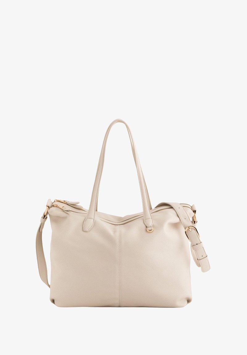Beige leather tote bag with dual handles, a detachable shoulder strap, and gold-tone hardware. Smooth texture with zipper closure.