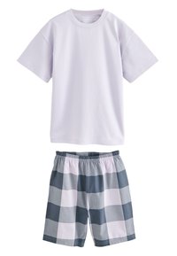 Light purple cotton t-shirt with short sleeves, paired with gray and white checkered shorts featuring an elastic waistband.